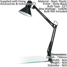 Stylish Shiny Black Steel Table Desk Lamp With Adjustable Height And E27 Bulb Socket - thumbnail 2