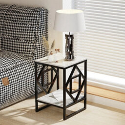White & Black 2Tier Geometric Metal Frame Sofa End Table Snack Side Table - thumbnail 6