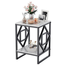 White & Black 2Tier Geometric Metal Frame Sofa End Table Snack Side Table - thumbnail 1