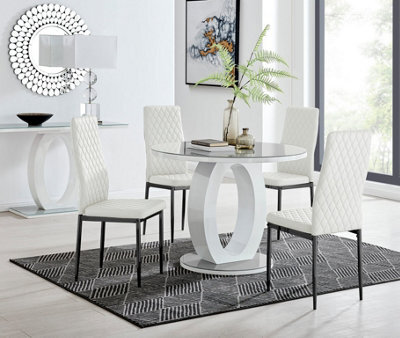 Furniturebox Giovani Round 4 Seat 100Cm White High Gloss Halo Base Grey Glass Top Dining Table 4 Grey Faux Leather Black Leg Milan Chairs - image 1