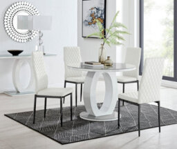 Furniturebox Giovani Round 4 Seat 100Cm White High Gloss Halo Base Grey Glass Top Dining Table 4 Grey Faux Leather Black Leg Milan Chairs