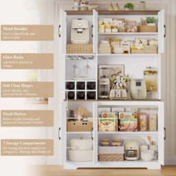 White Kitchen Cupboard,180Cm Tall Kitchen Cabinet, Pantry Cupboard Removable Wine Rack - thumbnail 4