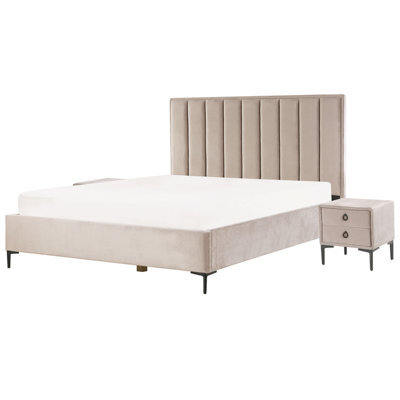 Beliani Bedroom Set Velvet Sezanne 180 X 200 Cm (Eu Super King) Taupe - image 1