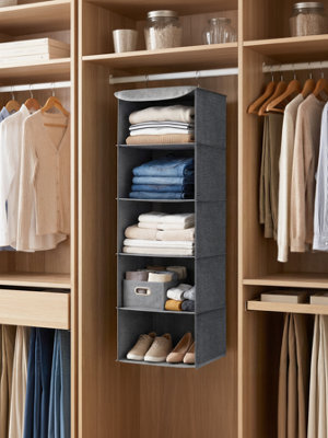 LEDREM Closet Hanging Shelves, Foldable Clothes Storage Organiser With Bamboo Inserts, Space-Saving, Metal Hooks, For Wardrobe, Grey - image 1