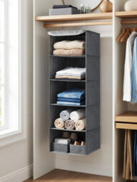 LEDREM Closet Hanging Shelves, Foldable Clothes Storage Organiser With Bamboo Inserts, Space-Saving, Metal Hooks, For Wardrobe, Grey - thumbnail 6