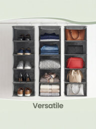 LEDREM Closet Hanging Shelves, Foldable Clothes Storage Organiser With Bamboo Inserts, Space-Saving, Metal Hooks, For Wardrobe, Grey - thumbnail 7