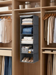 Songmics Closet Hanging Shelves, Foldable Clothes Storage Organiser With Bamboo Inserts, Space-Saving, Metal Hooks. Grey