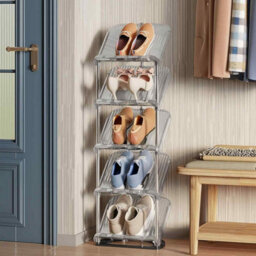 Slim Sloping 5 Tier Shoe Rack, Customisable Plastic Shoe Storage Shelf For Small Spaces, Grey