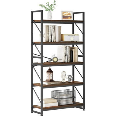 Industrial Bookcase 5-Tier Rustic Brown Wooden Shelf Metal Frame Storage Unit - image 1