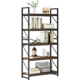 Industrial Bookcase 5-Tier Rustic Brown Wooden Shelf Metal Frame Storage Unit - thumbnail 1