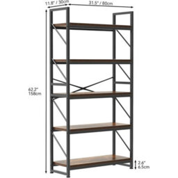 Industrial Bookcase 5-Tier Rustic Brown Wooden Shelf Metal Frame Storage Unit - thumbnail 2