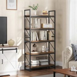 Industrial Bookcase 5-Tier Rustic Brown Wooden Shelf Metal Frame Storage Unit - thumbnail 5