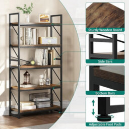 Industrial Bookcase 5-Tier Rustic Brown Wooden Shelf Metal Frame Storage Unit - thumbnail 4