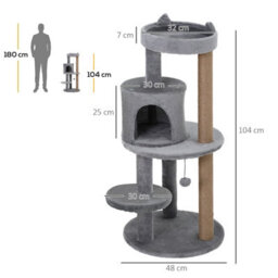 Pawhut 104Cm Cat Tree Condo Tower With Scratching Post Perch Ball, Grey - thumbnail 3