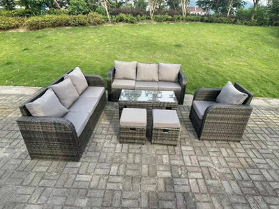 Fimous 9 Seater Dark Grey Pe Rattan Garden Furniture Set Reclining Chair Lounge 3 Seater Sofa Set Coffee Table - image 1