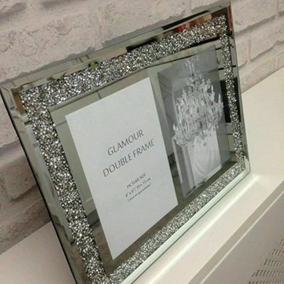 "Biznest Double Picture Photo Frame Hold 2 Picture Silver Mirrored Crushed Crystal Diamante 6""x4"""