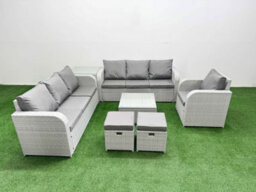Fimous 9 Seater Poly Rattan Outdoor Garden Furniture Square Coffee Table Sofa Set 3 Seater Sofastools Side Table Light Grey - thumbnail 2