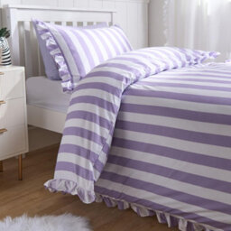 OHS Frill Duvet Cover Bedding Set Pillowcase Stripe Quilt Luxury, Lilac - Double - thumbnail 2