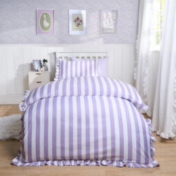 OHS Frill Duvet Cover Bedding Set Pillowcase Stripe Quilt Luxury, Lilac - Double - thumbnail 1