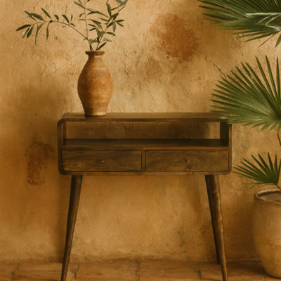 Wyld Haus Trapani Curved Console Table, Grey-Washed Mango Wood, 2 Drawers & Open Shelf, 900X900X350mm - image 1