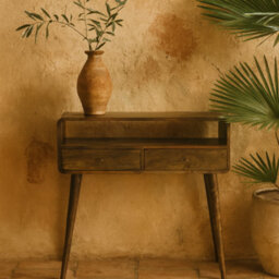 Wyld Haus Trapani Curved Console Table, Grey-Washed Mango Wood, 2 Drawers & Open Shelf, 900X900X350mm - thumbnail 1