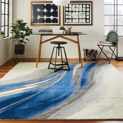 Blue And Grey Funky Luxurious Modern Easy To Clean Abstract Viscose Wool Rug For Living Room, Bedroom - 236Cm X 297Cm