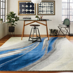 Blue And Grey Funky Luxurious Modern Easy To Clean Abstract Viscose Wool Rug For Living Room, Bedroom - 236Cm X 297Cm - thumbnail 1