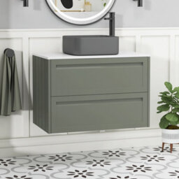 Royal Bathrooms Royal Bathroom Elmore 800mm Matt Green Wall Mounted Bathroom Vanity Unit 2 Drawer Plain White Worktop With Art Square Basin - thumbnail 1