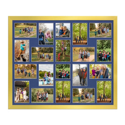 AK Frames 80X70Cm Gold Modern Multi Photo Frame With Blue Mount - Holds 20 Apertures (18X) 6X4, (2X) 4X4 Photos - image 1