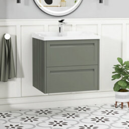 Royal Bathrooms Elmore 600mm Wall Hung 2 Drawer Bathroom Vanity Unit Cabinet With Traditional Ceramic Basin Sink - Matt Green