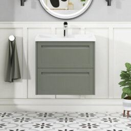Royal Bathrooms Elmore 600mm Wall Hung 2 Drawer Bathroom Vanity Unit Cabinet With Traditional Ceramic Basin Sink - Matt Green - thumbnail 3