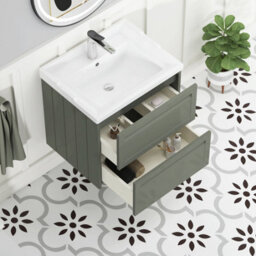 Royal Bathrooms Elmore 600mm Wall Hung 2 Drawer Bathroom Vanity Unit Cabinet With Traditional Ceramic Basin Sink - Matt Green - thumbnail 5