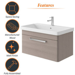 Plum&clay Emery Textured Grey Wall Hung Bathroom Vanity Unit & Basin Set With Chrome Handles (W)80Cm (H)46Cm - thumbnail 6