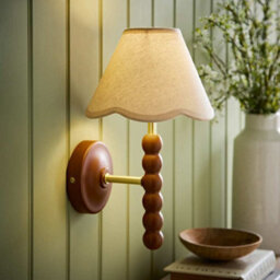 Valuelights Bobbins Walnut Bobble Wall Light And Natural Trim Linen Lamp Shade