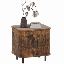 Wyld Haus Pasaba Brown Nordic Bedside Table - Tambour Sliding Door, Black Metal Legs, Compact 48X40X48Cm - thumbnail 5