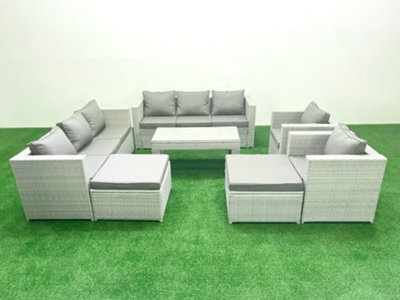 Fimous Outdoor Garden Furniture Rattan Sofa Set 2 Armchairs Oblong Coffee Table 2 Big Stools Light Grey - image 1