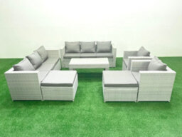 Fimous Outdoor Garden Furniture Rattan Sofa Set 2 Armchairs Oblong Coffee Table 2 Big Stools Light Grey - thumbnail 1