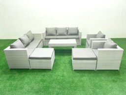 Fimous Outdoor Garden Furniture Rattan Sofa Set 2 Armchairs Oblong Coffee Table 2 Big Stools Light Grey - thumbnail 2
