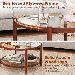 Costway Coswtay 78Cm Round Coffee Table Solid Wood Circle Table W/tempered Glass Top - thumbnail 8