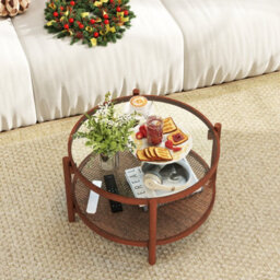 Costway Coswtay 78Cm Round Coffee Table Solid Wood Circle Table W/tempered Glass Top - thumbnail 4