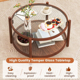 Costway Coswtay 78Cm Round Coffee Table Solid Wood Circle Table W/tempered Glass Top - thumbnail 5