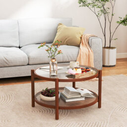 Costway Coswtay 78Cm Round Coffee Table Solid Wood Circle Table W/tempered Glass Top - thumbnail 1