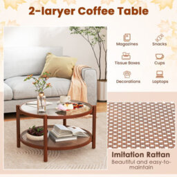 Costway Coswtay 78Cm Round Coffee Table Solid Wood Circle Table W/tempered Glass Top - thumbnail 6