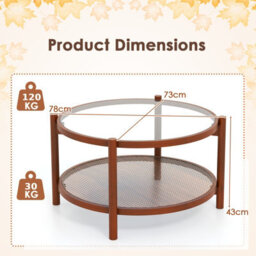 Costway Coswtay 78Cm Round Coffee Table Solid Wood Circle Table W/tempered Glass Top - thumbnail 2