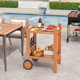 Costway Wood Bar Cart 2 Tier Rolling Serving Cart W/ Wine Bottle Holders - thumbnail 8