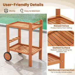 Costway Wood Bar Cart 2 Tier Rolling Serving Cart W/ Wine Bottle Holders - thumbnail 4