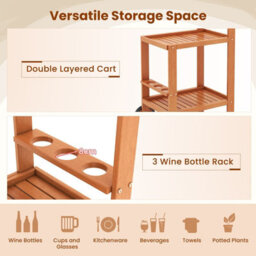 Costway Wood Bar Cart 2 Tier Rolling Serving Cart W/ Wine Bottle Holders - thumbnail 6