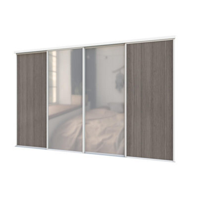 A-Class Sliding Doors Set Of 4 Dark Oak & Mirror Sliding Wardrobe Door Kit, White Frame & Tracks, Opening Height (H) 225-226Cm & Width (W) 297-298Cm - image 1
