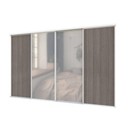 A-Class Sliding Doors Set Of 4 Dark Oak & Mirror Sliding Wardrobe Door Kit, White Frame & Tracks, Opening Height (H) 225-226Cm & Width (W) 297-298Cm - thumbnail 1
