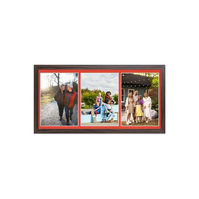 AK Frames 16X8 Silver Sleek Multi Photo Frame With Poppy Red Mount - Holds 3 Apertures (3X) 7X5 Photos - image 1